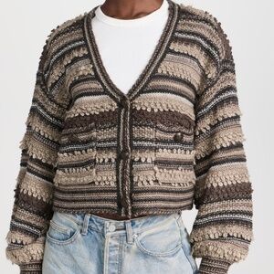 L'Agence Harriet Blouson Sleeve Wool Boucle Cardigan Brown Multi L